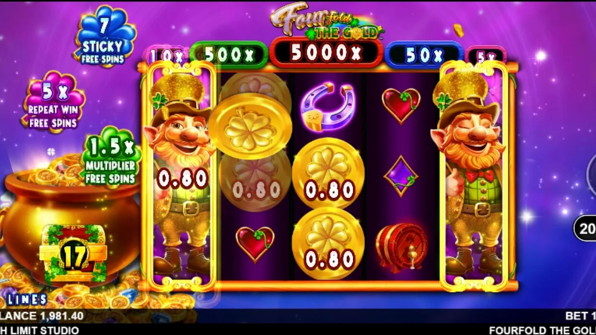 Um duende sorridente com chapéu verde em um cenário cósmico, cercado por símbolos de sorte e estrelas brilhantes, representando o slot Fourfold the Gold.