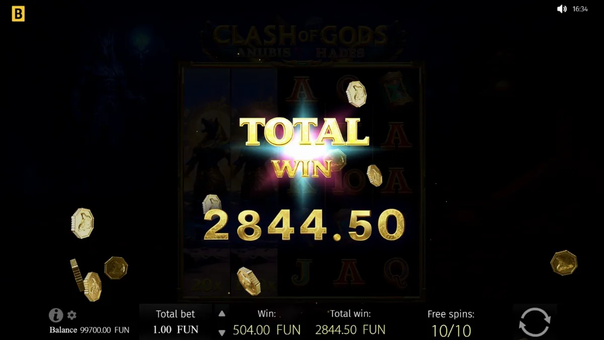 Interface do jogo de slot Clash of Gods: Anubis vs Hades com deuses em destaque