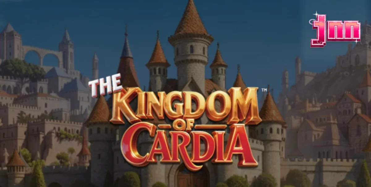 Cenário fantástico e colorido do slot The Kingdom of Cardia com elementos de cartas e jardim