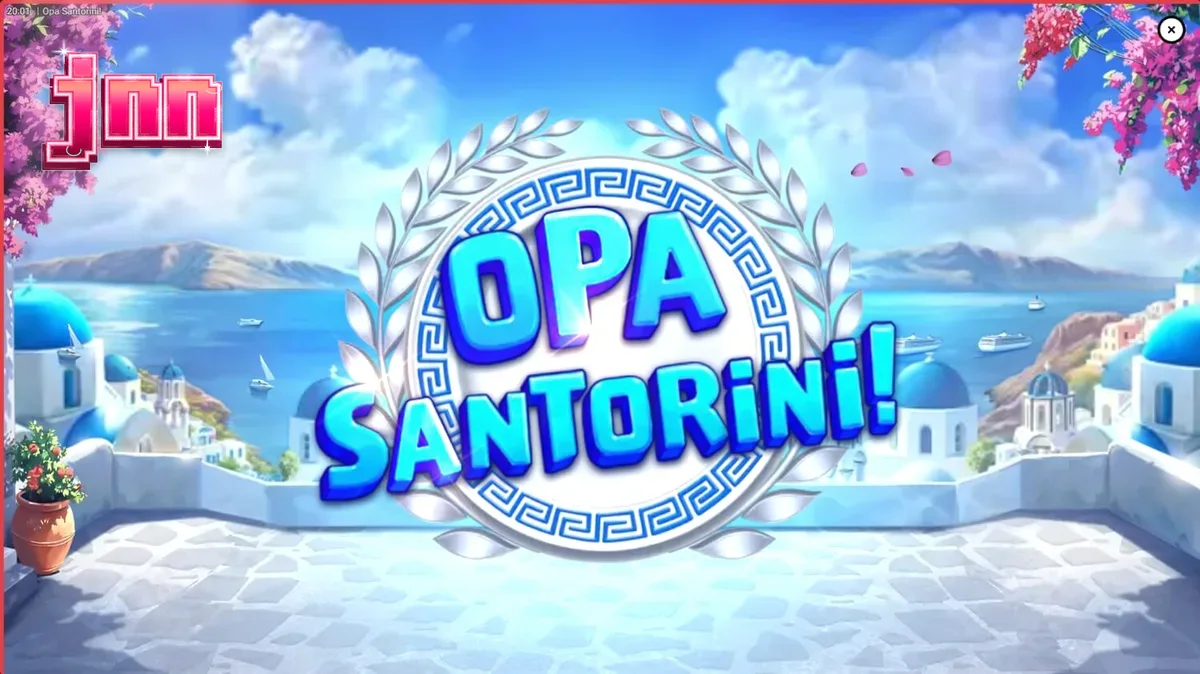 Vista panorâmica de Santorini com elementos do jogo Opa Santorini! em destaque